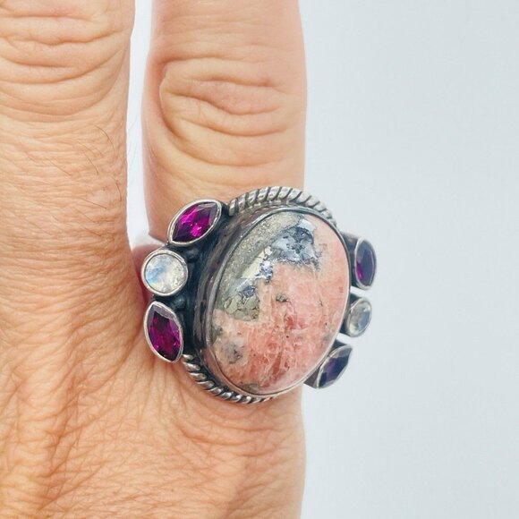 Artisan Rhodonite Garnet Moonstone Ring Size 9 Sterling Silver Bezel Set Stones - Picture 2 of 10